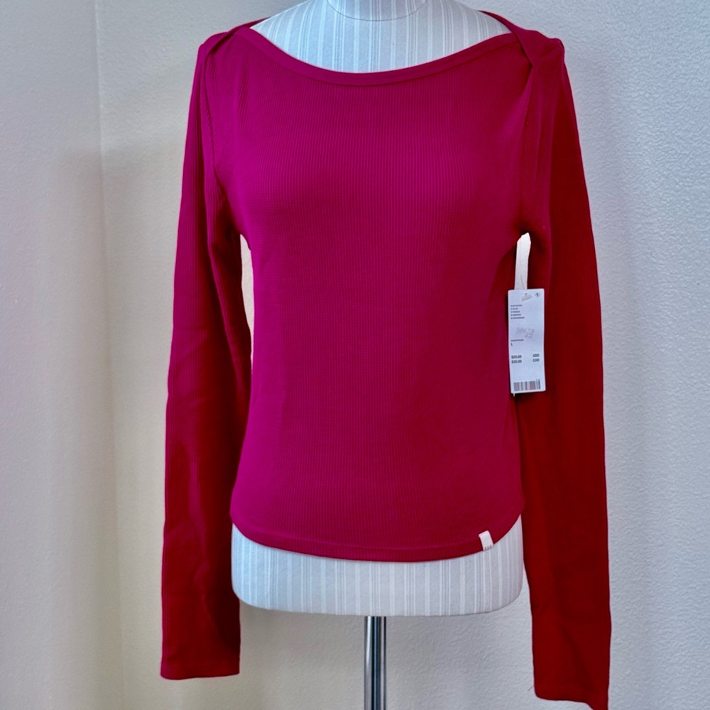 NWT BDG Urban Outfitters Stella Waffle Knit Boat Neck Top Raspberry Size Large